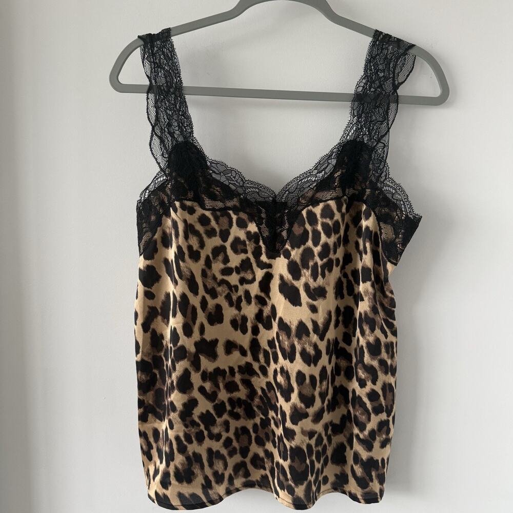 STORIA Leopard Print Lace Trim‎ Satin Camisole Tank Top Women’s Medium Y2K